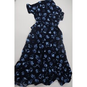 Apricot Shirt Dress Pressed Daisy Floral Size 8 Navy Blue Tiered Midi Casual